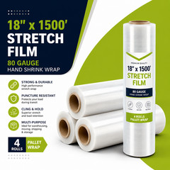 18″ x 1500′ 80 Gauge Stretch Film 4 Rolls Hand Pallet Shrink Wrap 1500 FT