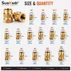580+7PCS Heat Set Threaded Inserts Kit, M2, M2.5, M3, M4, M5, M6, brass color