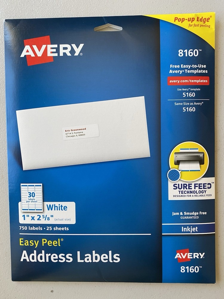 Avery 8160 Easy Peel Address Labels for Inkjet Printers 30 Label Per Sheet