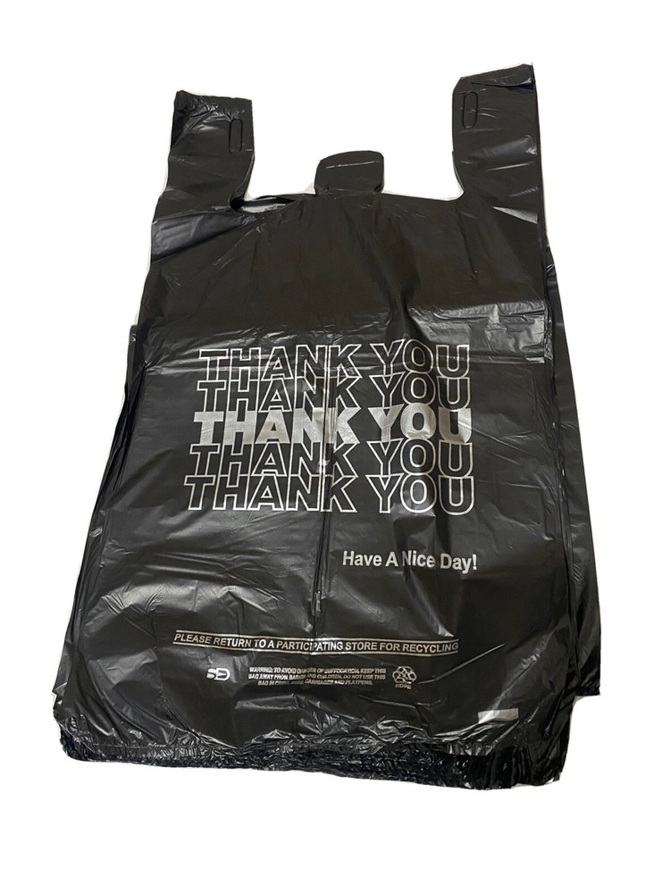 Bags 1/6 Black 21 x 6.5 x 11.5 «Thank You» T-Shirt Plastic Grocery Shopping Bags