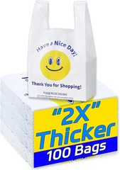 100 White Heavy Duty Thank You Plastic T-Shirt Shopping Bags, 0.8 Mil 11x6x21″