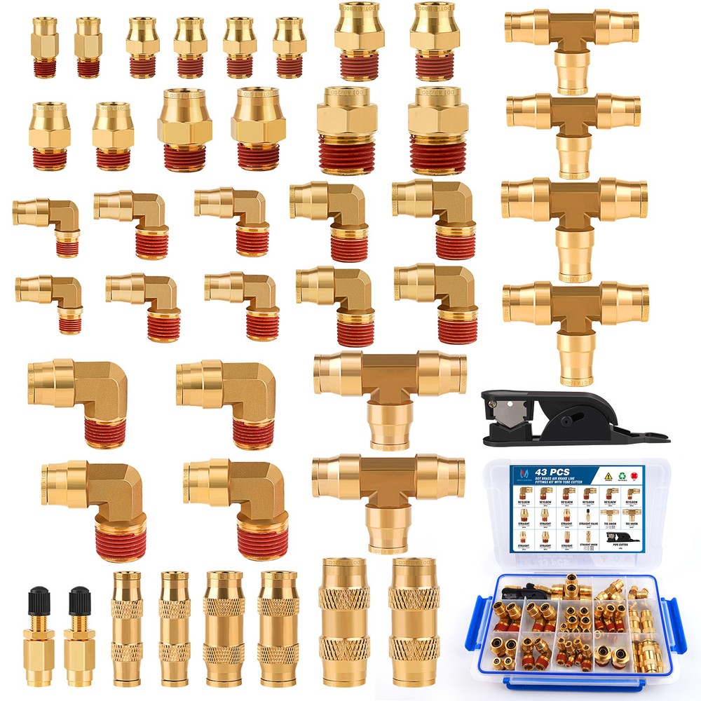 43Pc Brass DOT Air Line Fittings Tube Cutter For Semi Truck Trailer Brake System