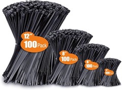 Zip Cable Ties Assorted Sizes(4”+6”+8”+12”) Heavy duty Nylon Black UV Resistant