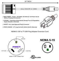 30 Amp to 110 Volt RV Charging Adapter Cord 24 Inch 2FT, NEMA 5-15P to TT-30R