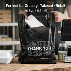 Bags 1/6 Black 21 x 6.5 x 11.5 «Thank You» T-Shirt Plastic Grocery Shopping Bags