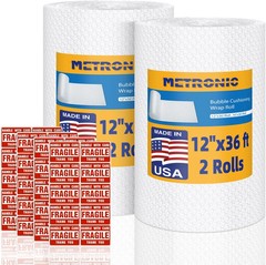 Metronic Bubble Cushioning Wrap 2 Pack 12 Inch x 72ft Total, Dense Bubble Packin