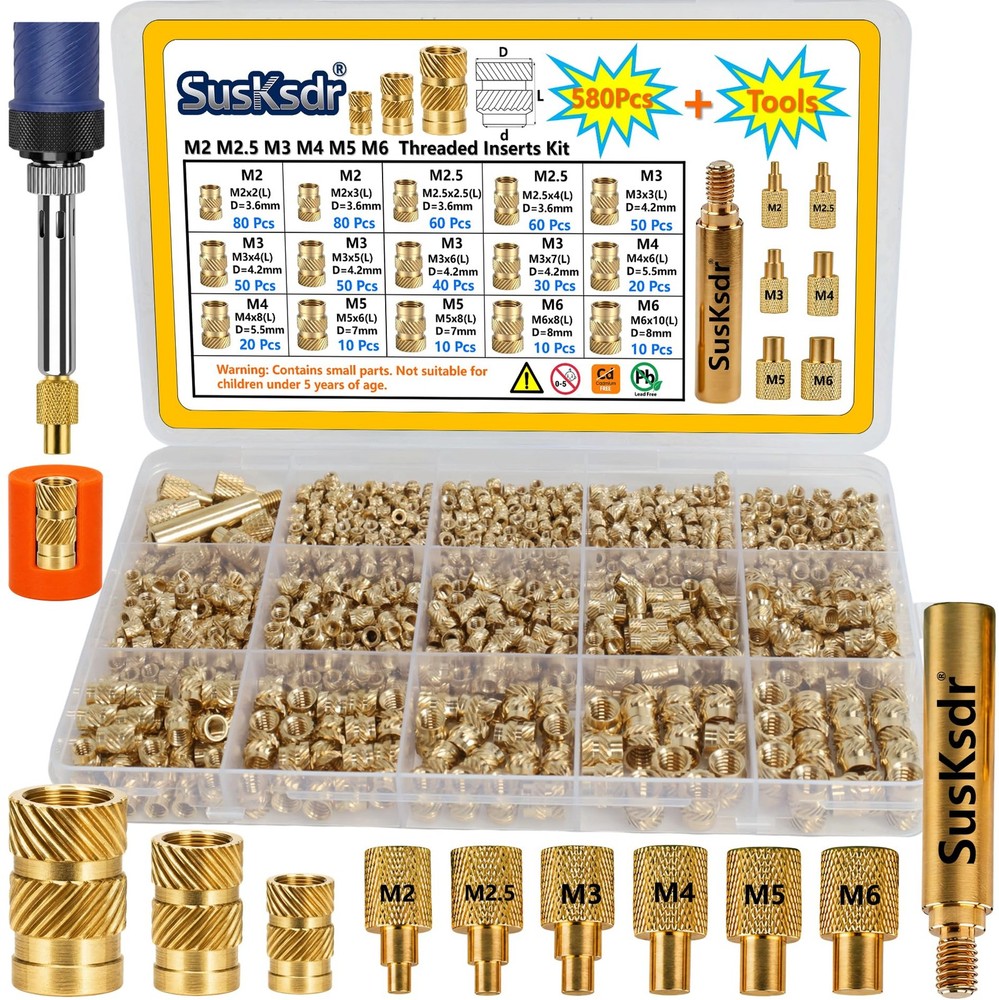 580+7PCS Heat Set Threaded Inserts Kit, M2, M2.5, M3, M4, M5, M6, brass color