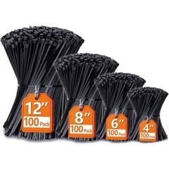 Zip Cable Ties Assorted Sizes(4”+6”+8”+12”) Heavy duty Nylon Black UV Resistant